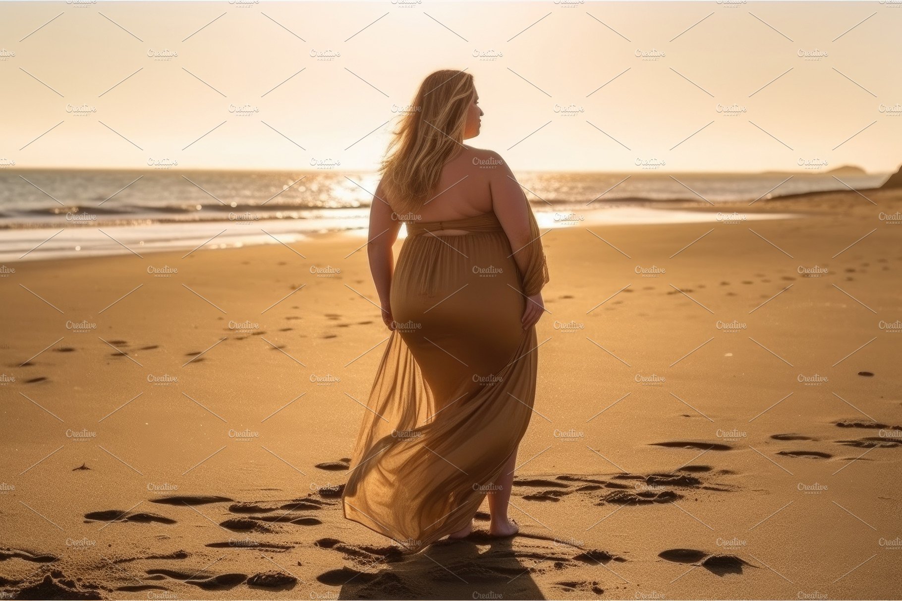 Back of fat woman enjoys the sea at sunset. Overweight people. G cover image.