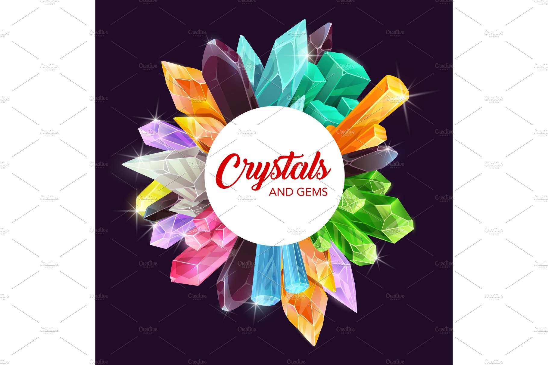 Crystals and gems frame, quartz cover image.