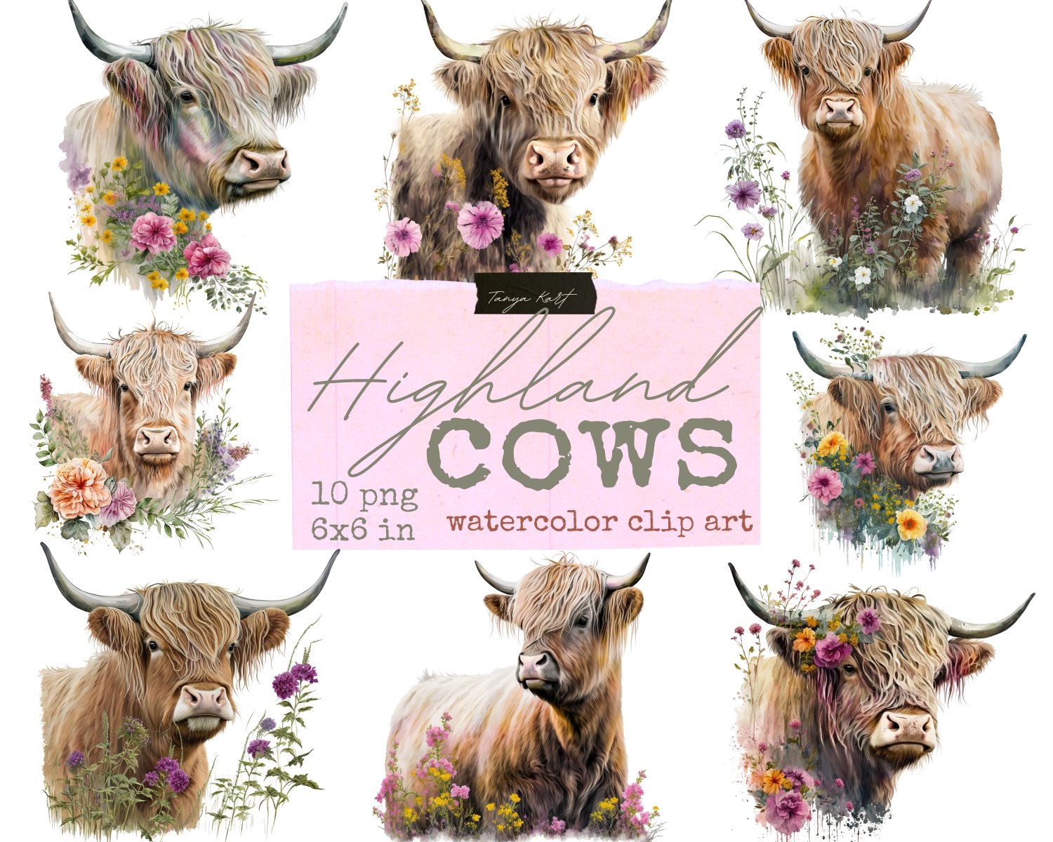 Highland Cow With Flowers Clip Art Masterbundles