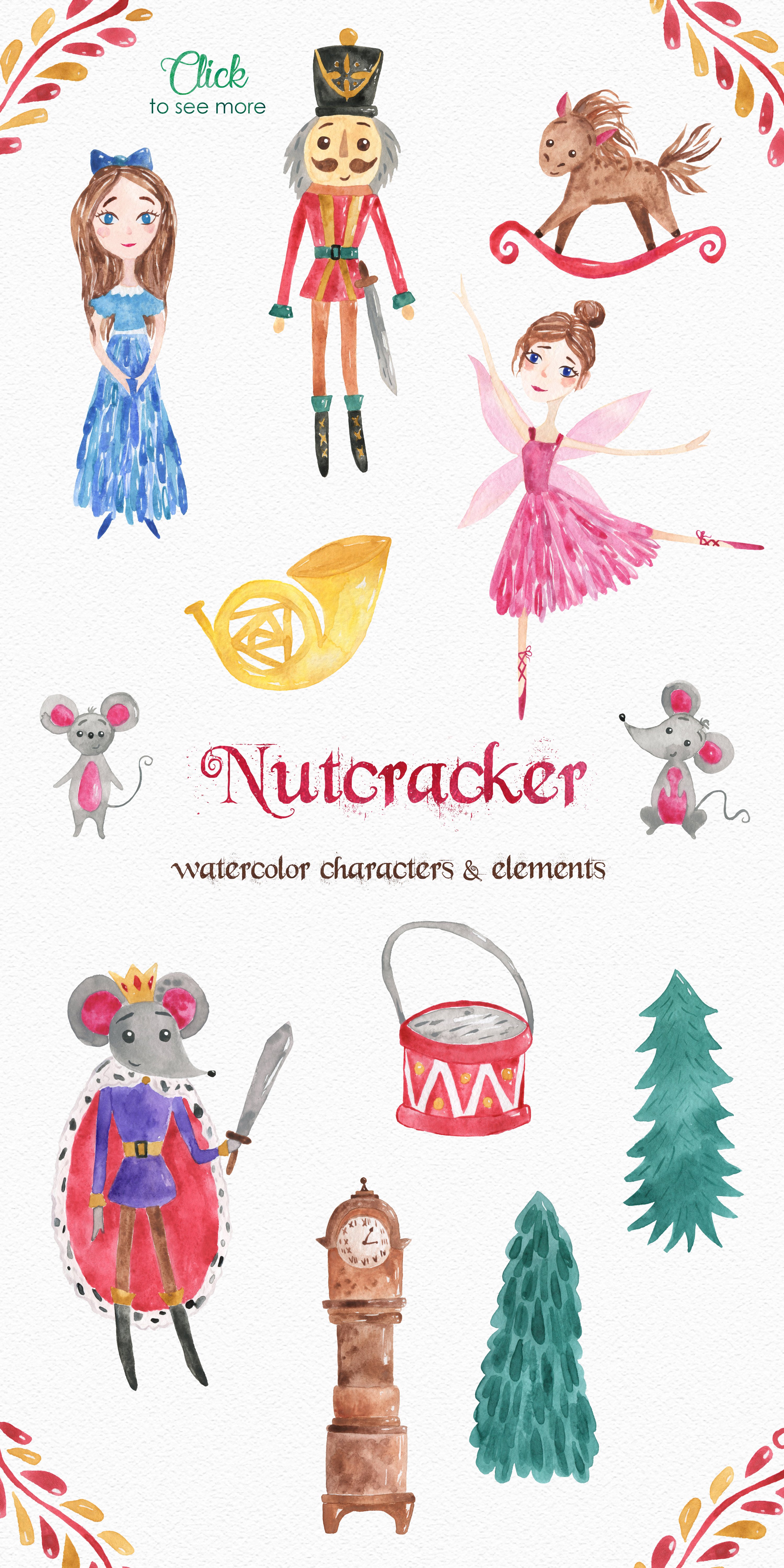 Nutcracker Watercolor Clipart preview image.