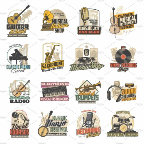 Music instrument, vinyl record icons cover image.