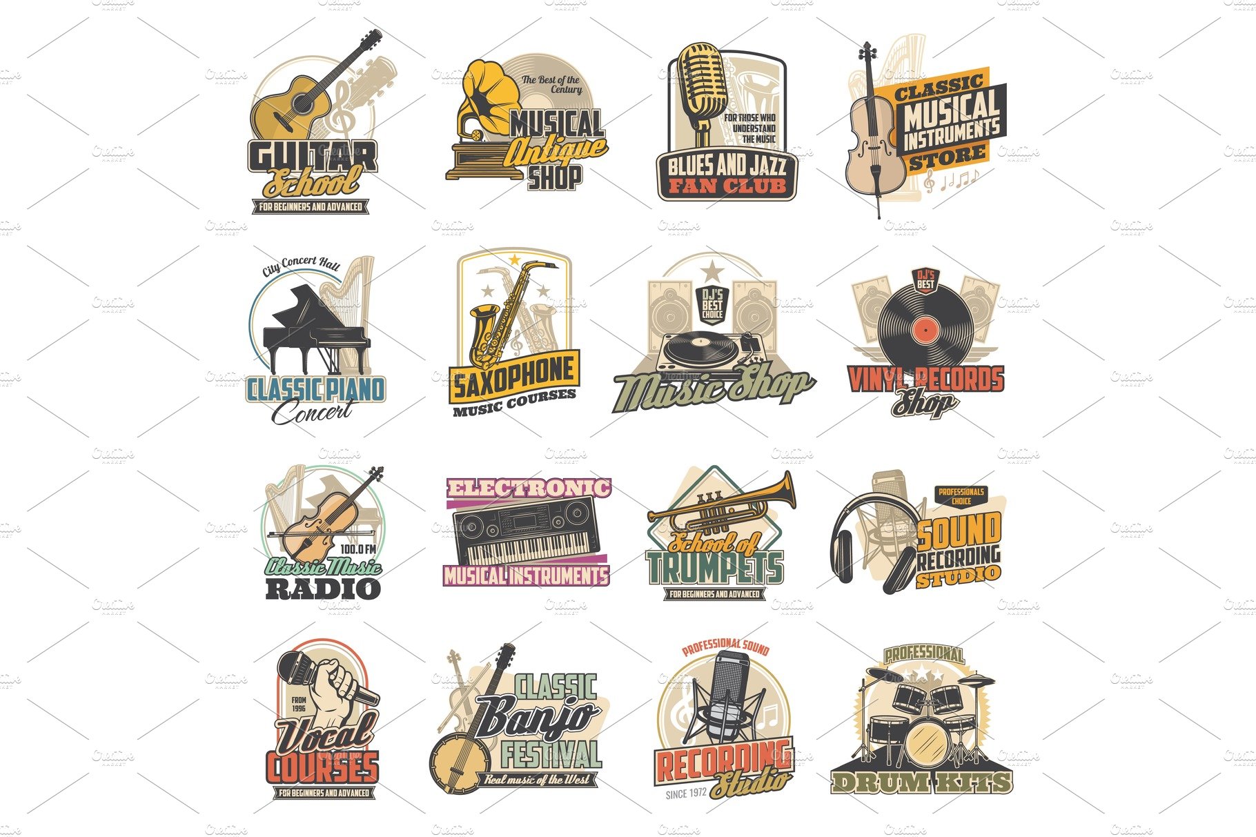 Music instrument, vinyl record icons cover image.