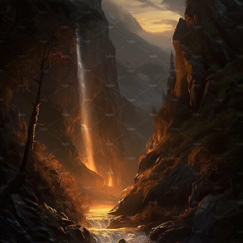 Beautiful vertical landscape with tall mountains, waterfall and a river. Ge... cover image.