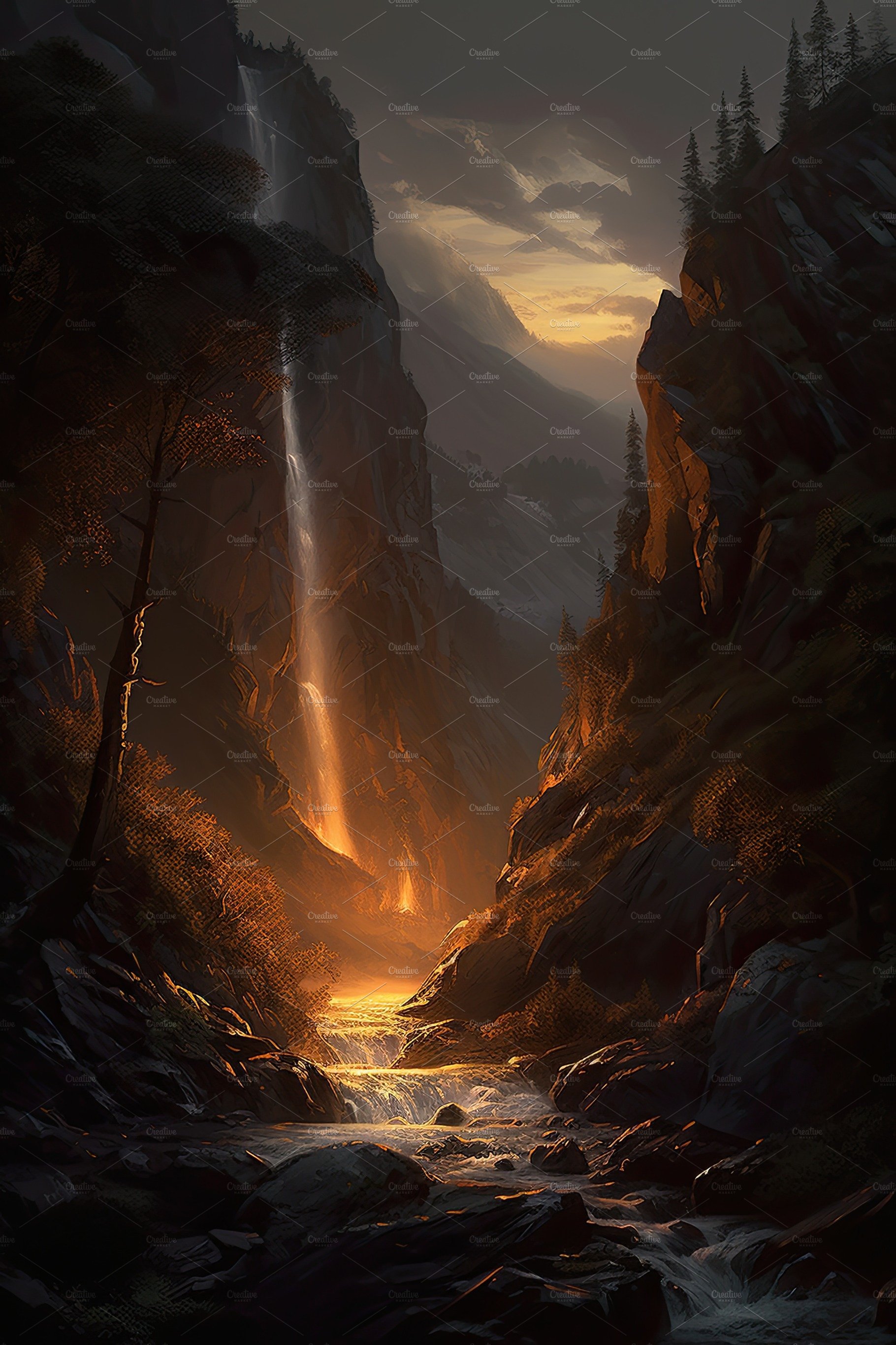 Beautiful vertical landscape with tall mountains, waterfall and a river. Ge... cover image.