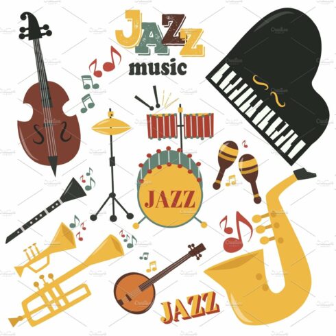 Jazz musical instruments tools icons jazzband piano saxophone music sound v... cover image.