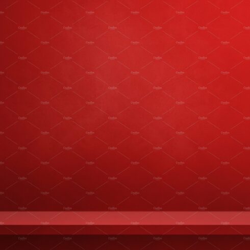 Empty shelf on a red wall. Background template. Vertical backdro cover image.