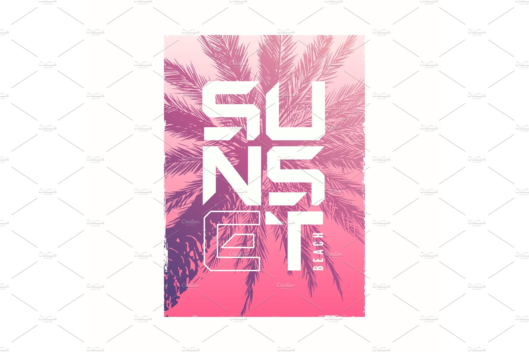 Sunset beach. Graphic summer t-shirt cover image.