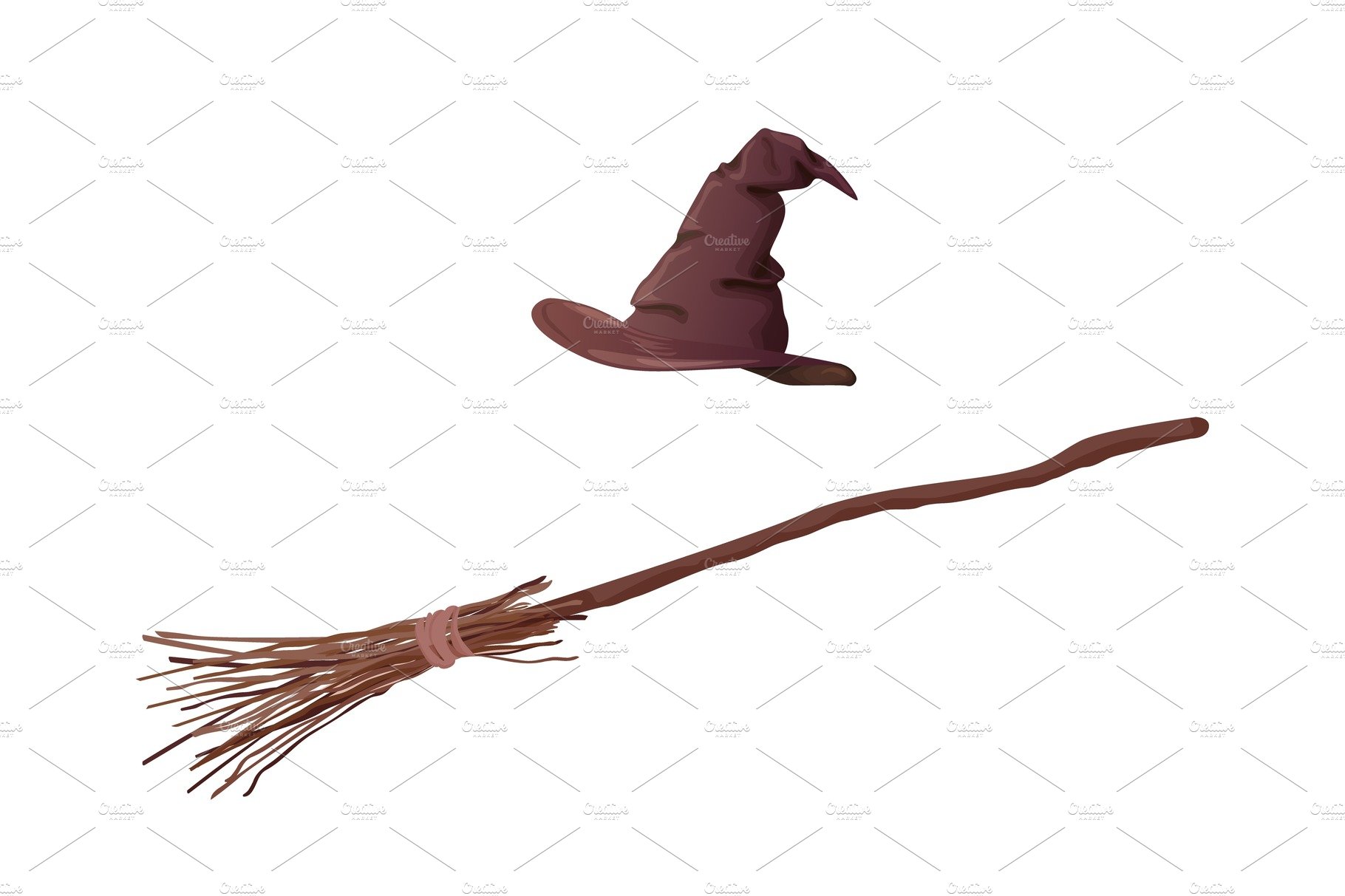 Cartoon brown witch hat and broom cover image.
