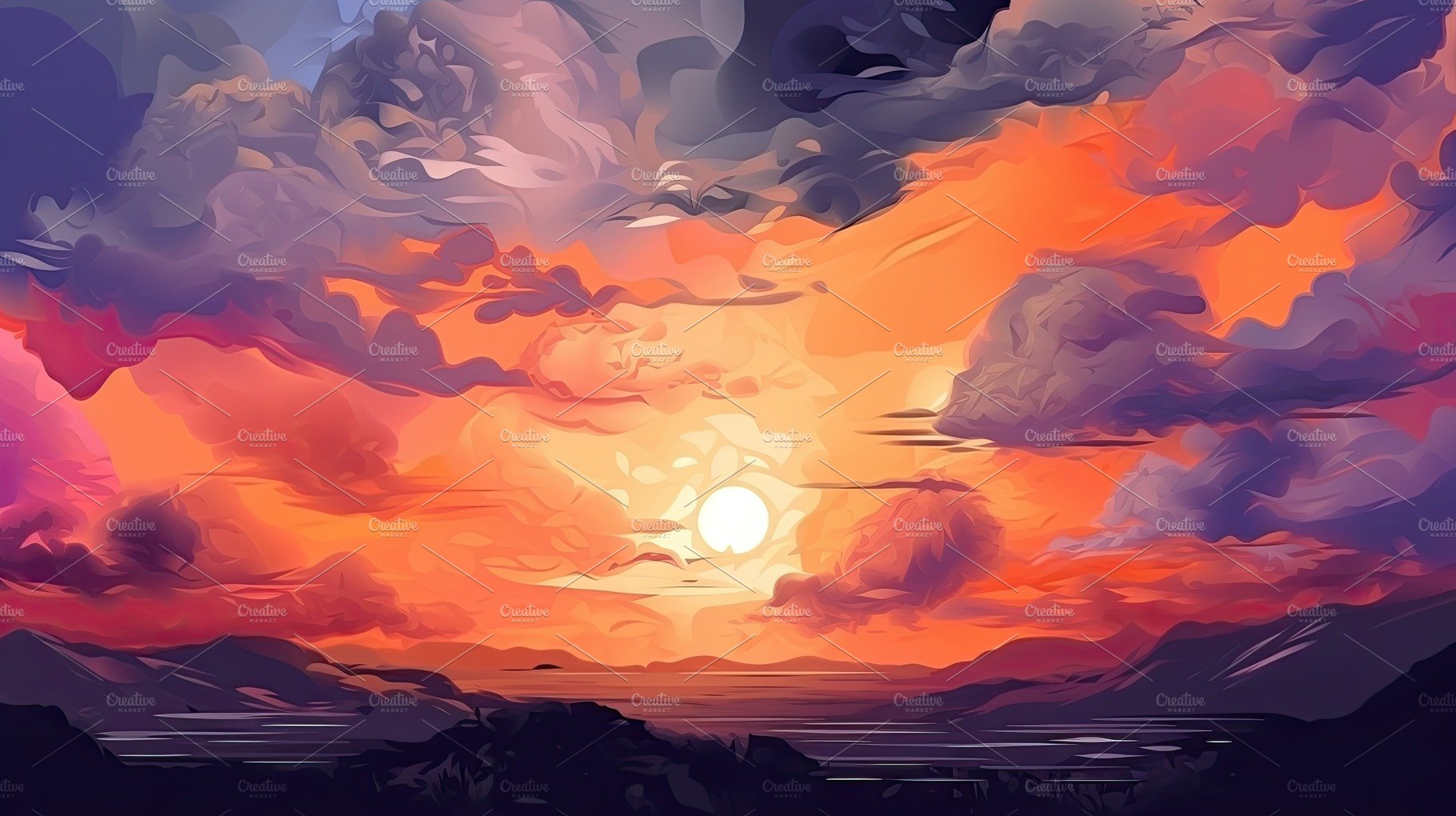 Illustrated sky with clouds, sun, stars, and sunrise or sunset. cover image.