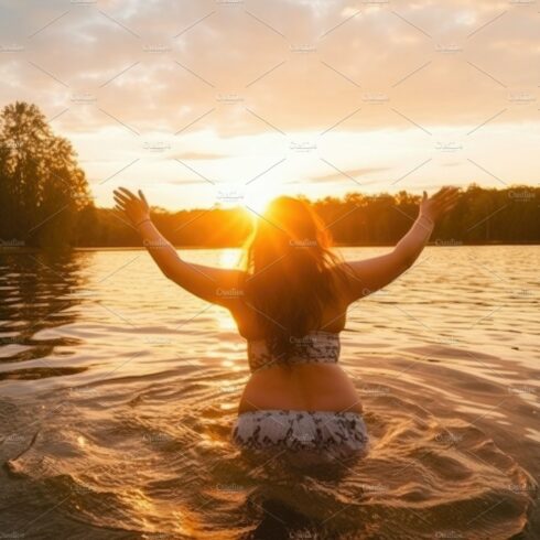 Back of fat woman enjoys swimming at sunset. Overweight people. cover image.