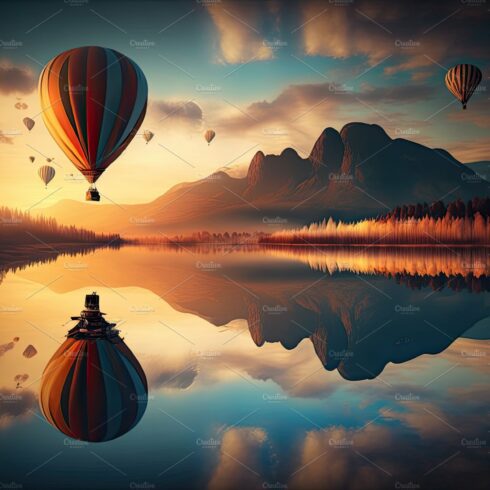 Hot Air Balloons Festival Flying Over a beautiful lake. Generati cover image.