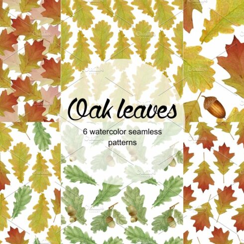 Oak leaves 6 seamless patterns cover image.