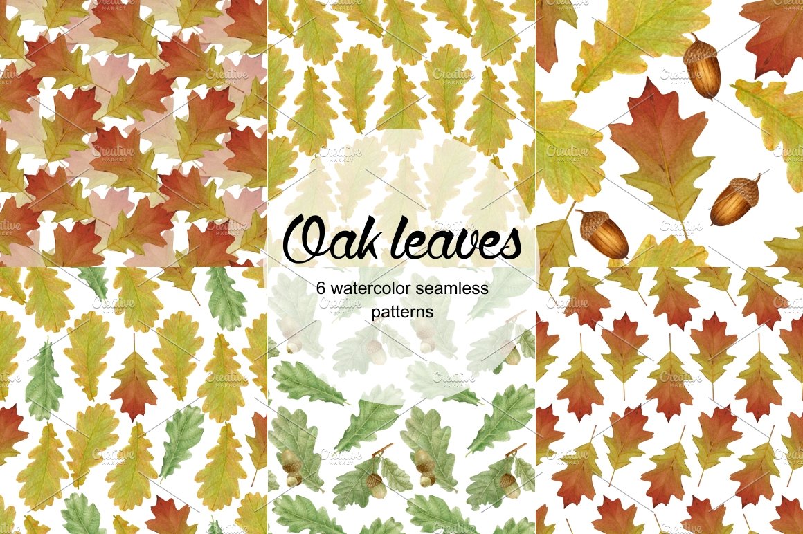 Oak leaves 6 seamless patterns cover image.