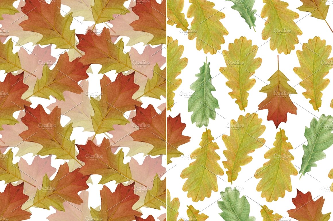 Oak leaves 6 seamless patterns preview image.