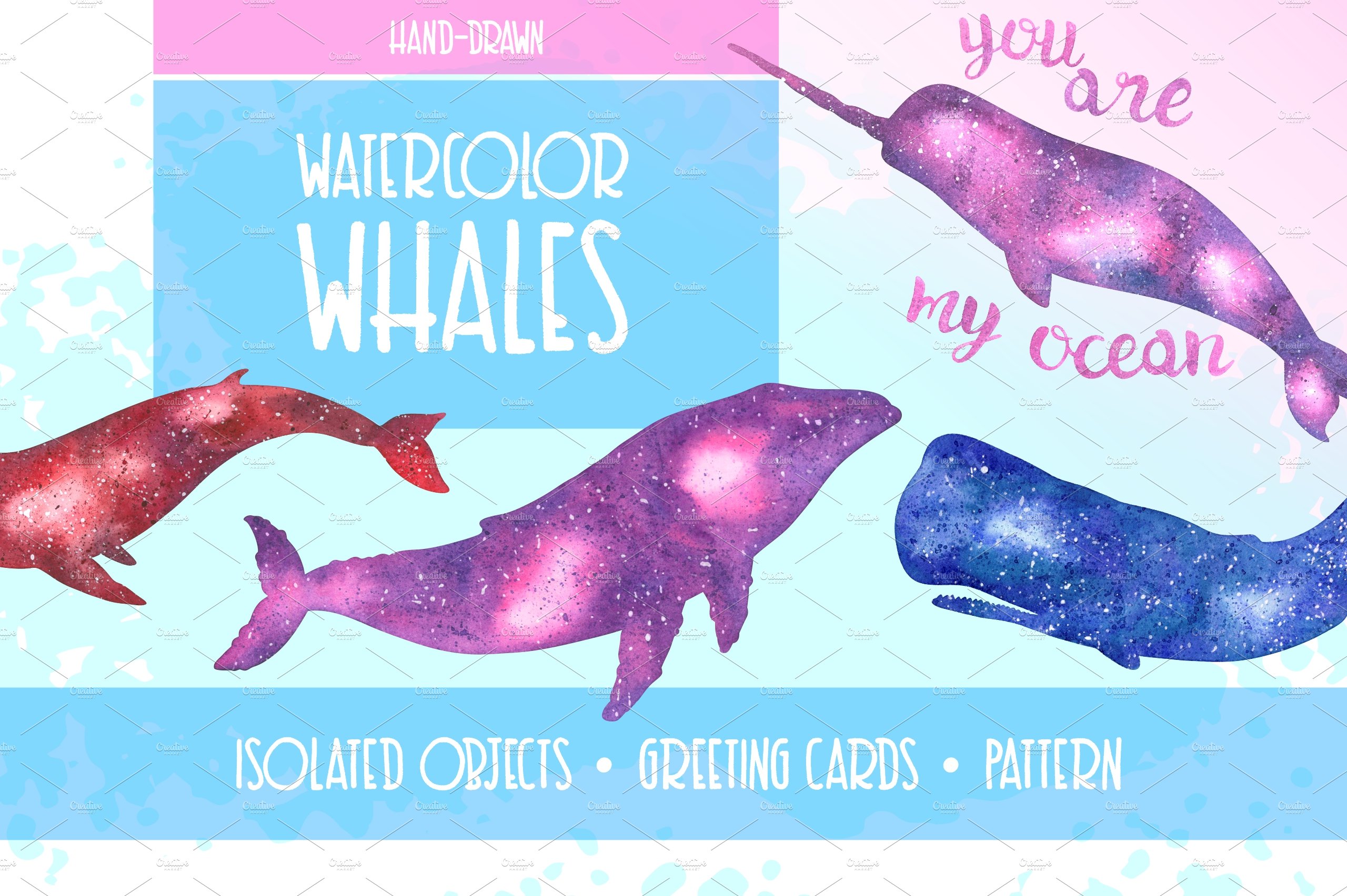 Space watercolor whales. cover image.