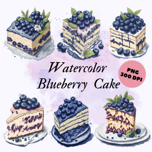 Watercolor Blueberry Cake ClipArt PNG| Digital illustration cover image.