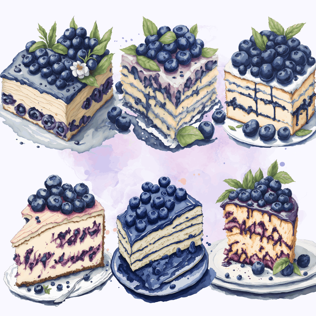 Watercolor Blueberry Cake ClipArt PNG| Digital illustration preview image.