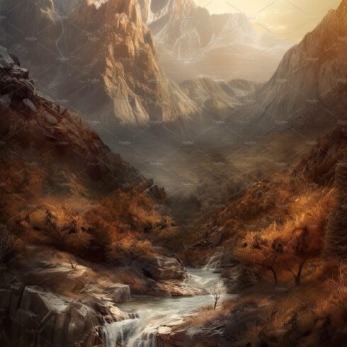 Beautiful vertical landscape with tall mountains, waterfall and a river. Ge... cover image.