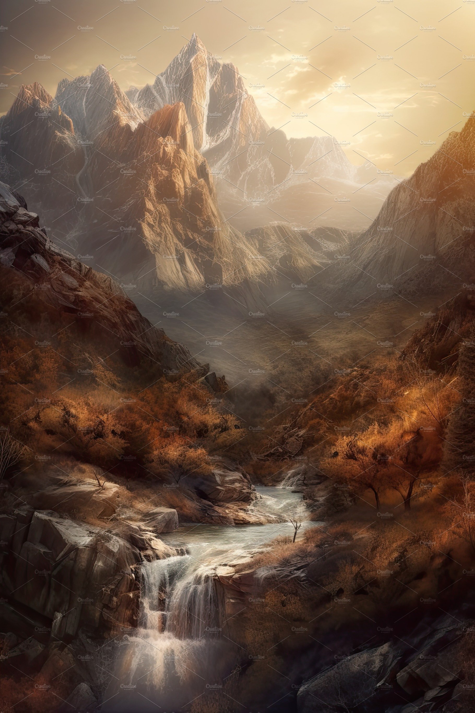 Beautiful vertical landscape with tall mountains, waterfall and a river. Ge... cover image.