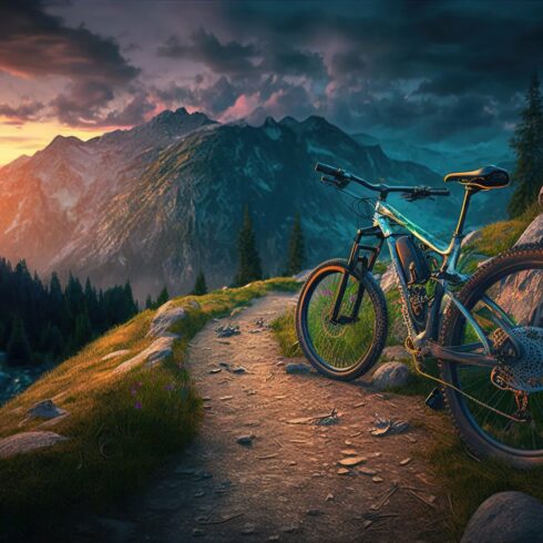 Mountain bike on trail at sunset cover image.