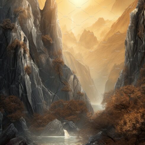 Beautiful vertical landscape with tall mountains, waterfall and a river. Ge... cover image.