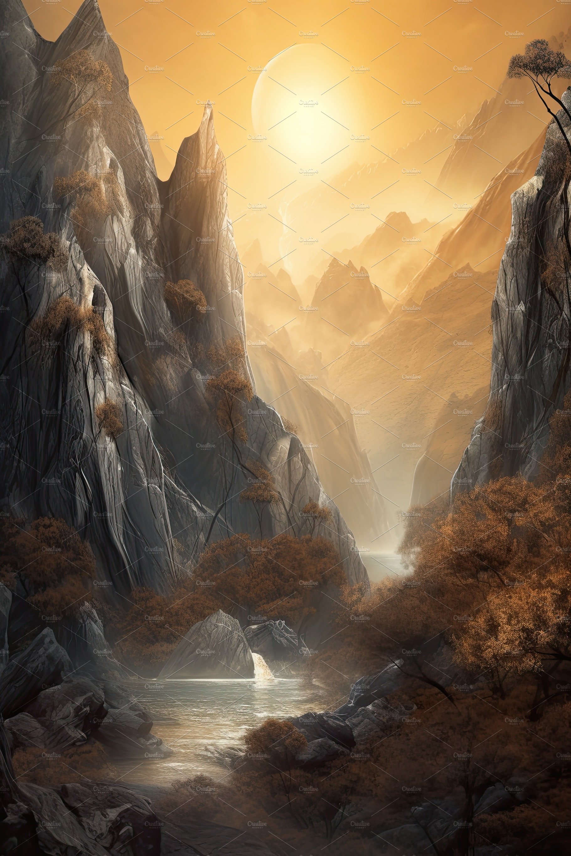 Beautiful vertical landscape with tall mountains, waterfall and a river. Ge... cover image.