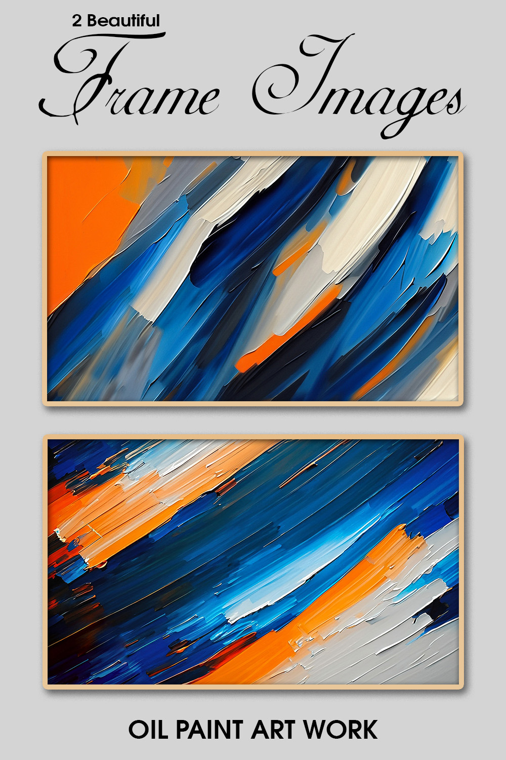 Stunning Wall Art Duo: 2 Oil Paintings in Blue, Jade, Orange, and Grey, with Sharp Lines and Blended Tones pinterest preview image.