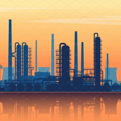 Oil refinery on sunset. Vector cover image.