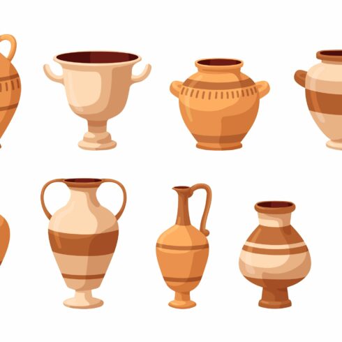 Old ancient pottery vases, jugs set cover image.