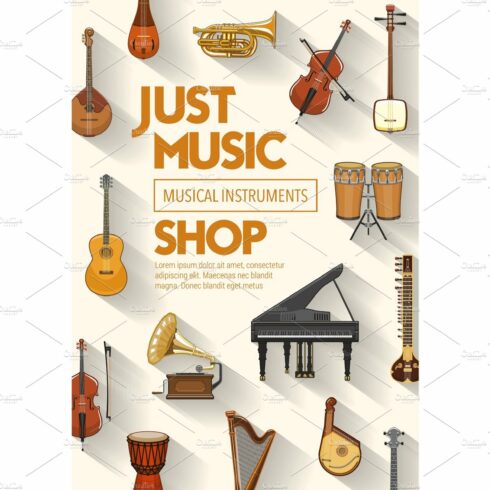 Music shop, musical band instruments cover image.