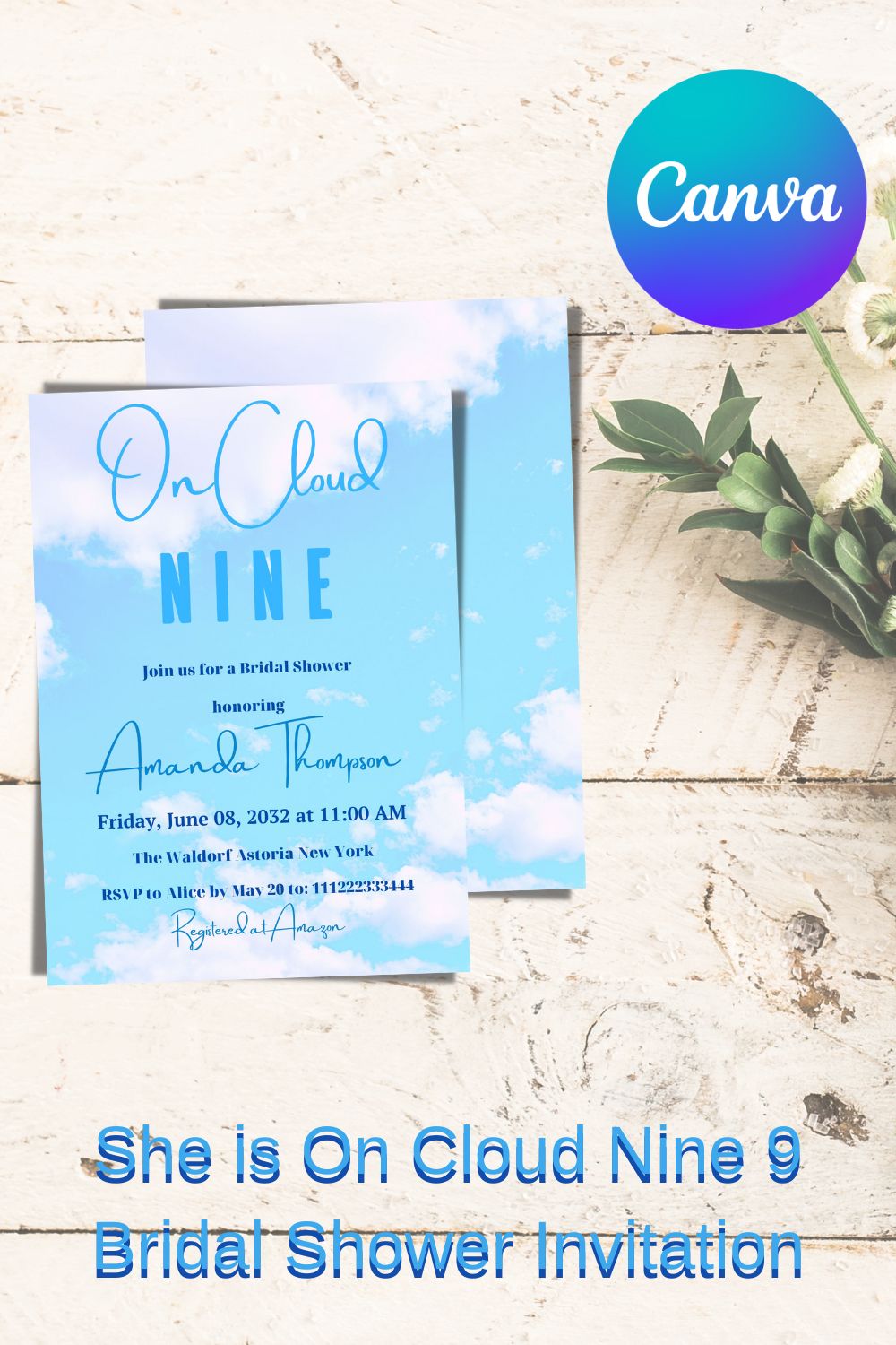 She is On Cloud Nine 9 Bridal Shower Invitation Tamplate pinterest preview image.