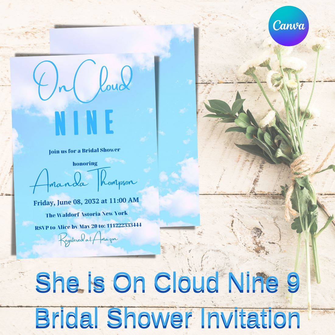 She is On Cloud Nine 9 Bridal Shower Invitation Tamplate cover image.