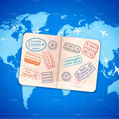 Foreign passport on blue map cover image.