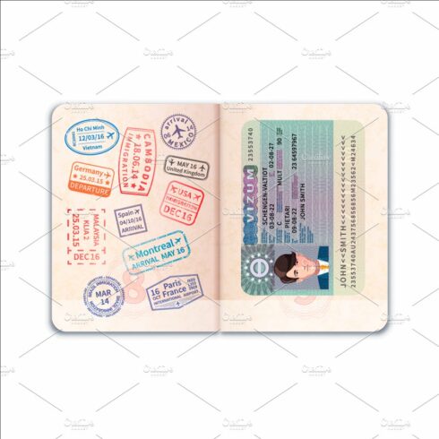 Open foreign passport with visa cover image.