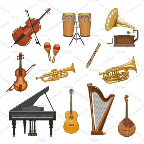 Vector icons set of musical instruments cover image.
