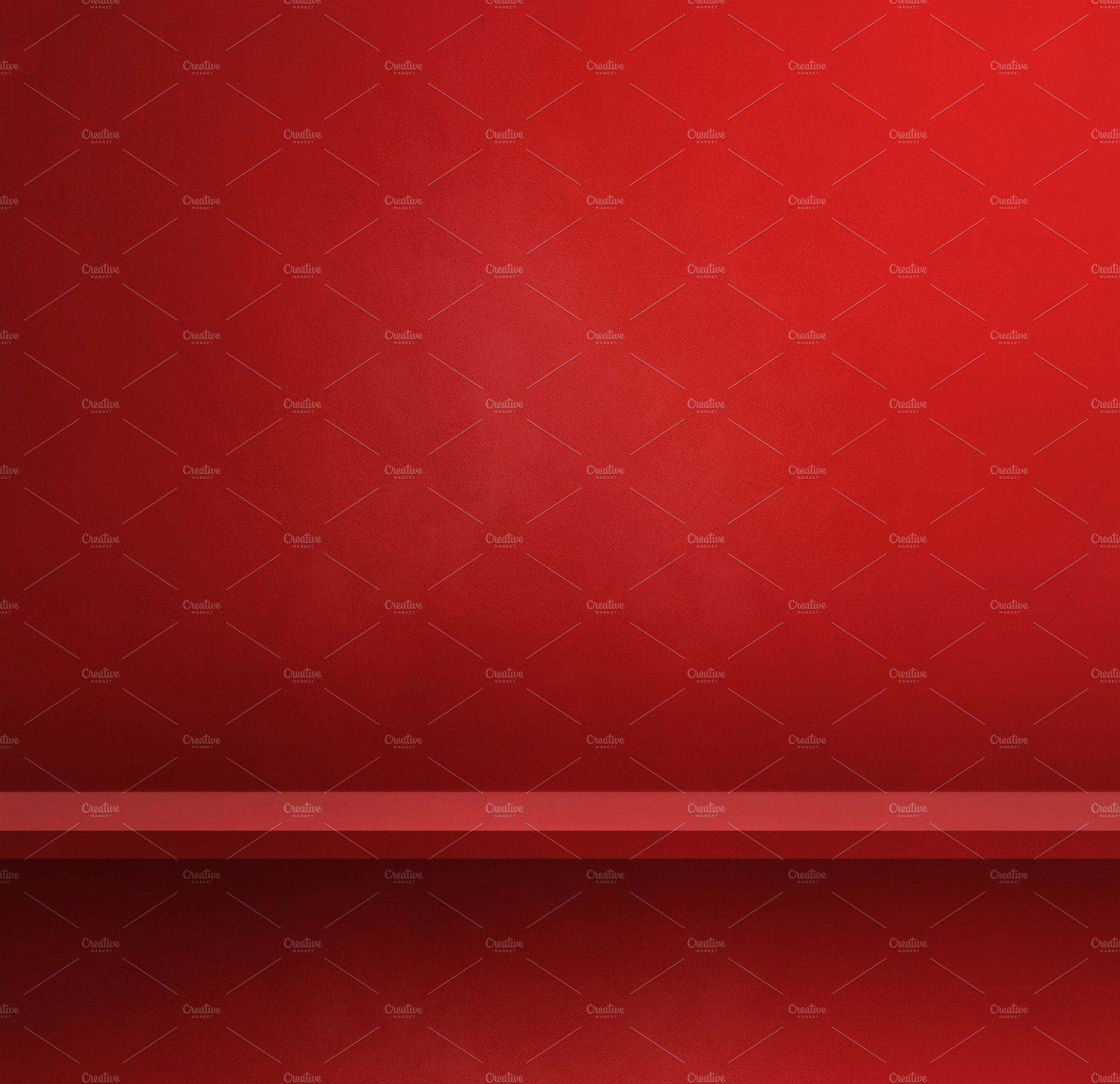 Empty shelf on a red wall. Background template. Square banner cover image.