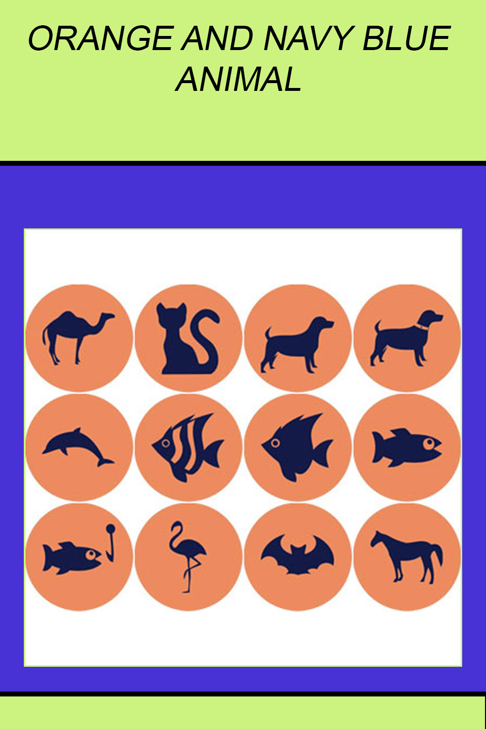 ORANGE AND NAVY BLUE ANIMAL ROUND ICONS pinterest preview image.
