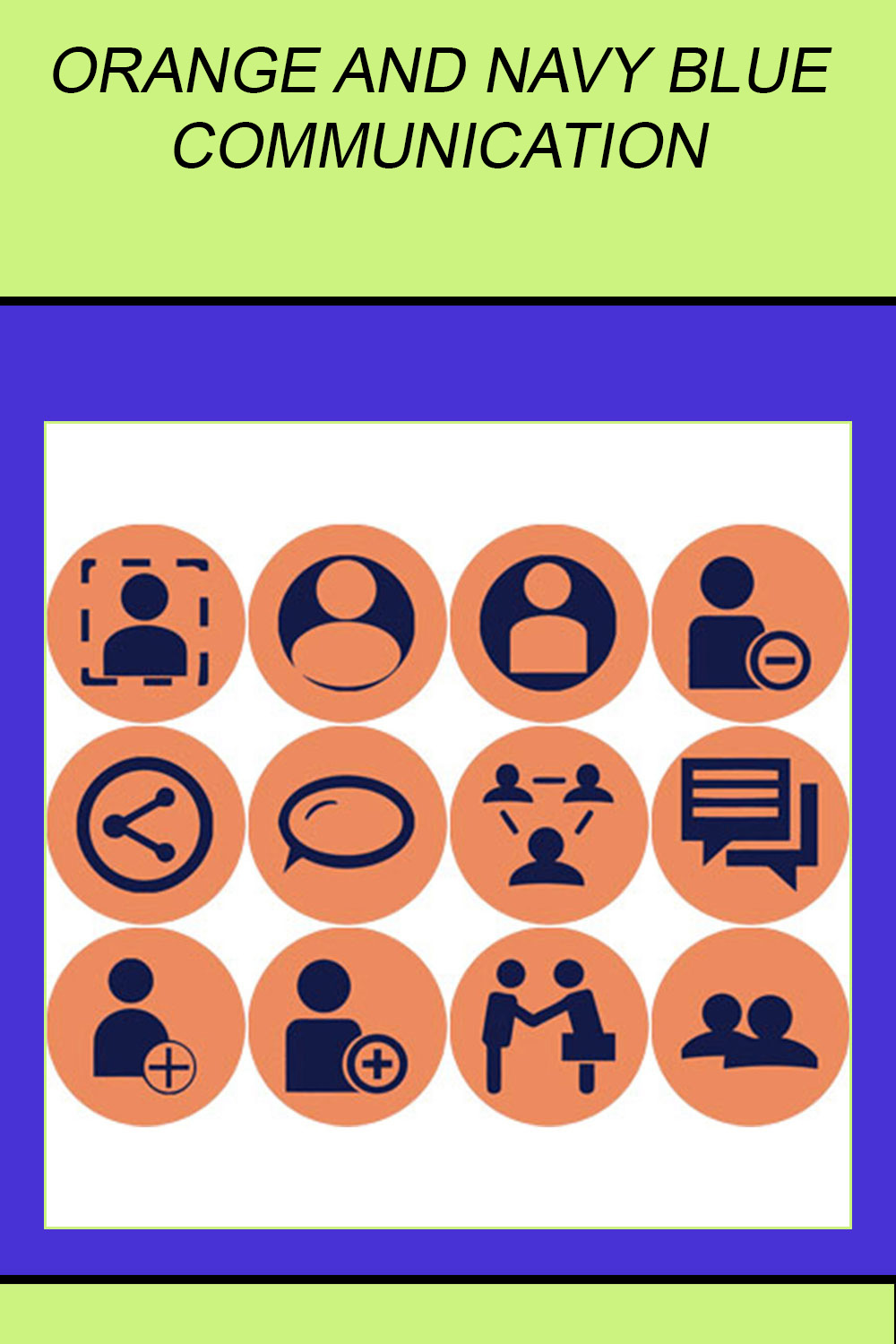 ORANGE AND NAVY BLUE COMMUNICATION ROUND ICONS pinterest preview image.