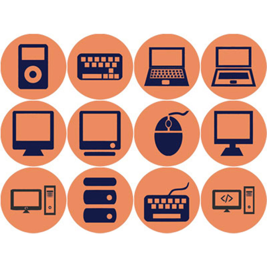 ORANGE AND NAVY BLUE COMPUTER ROUND ICONS - MasterBundles