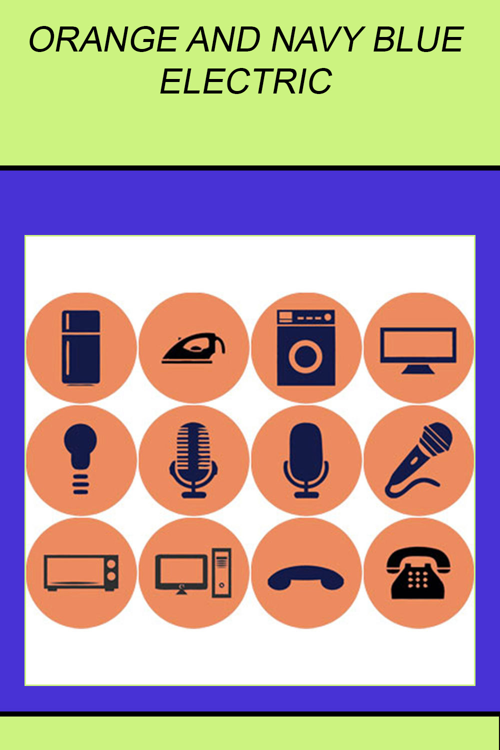 ORANGE AND NAVY BLUE ELECTRIC ROUND ICONS pinterest preview image.