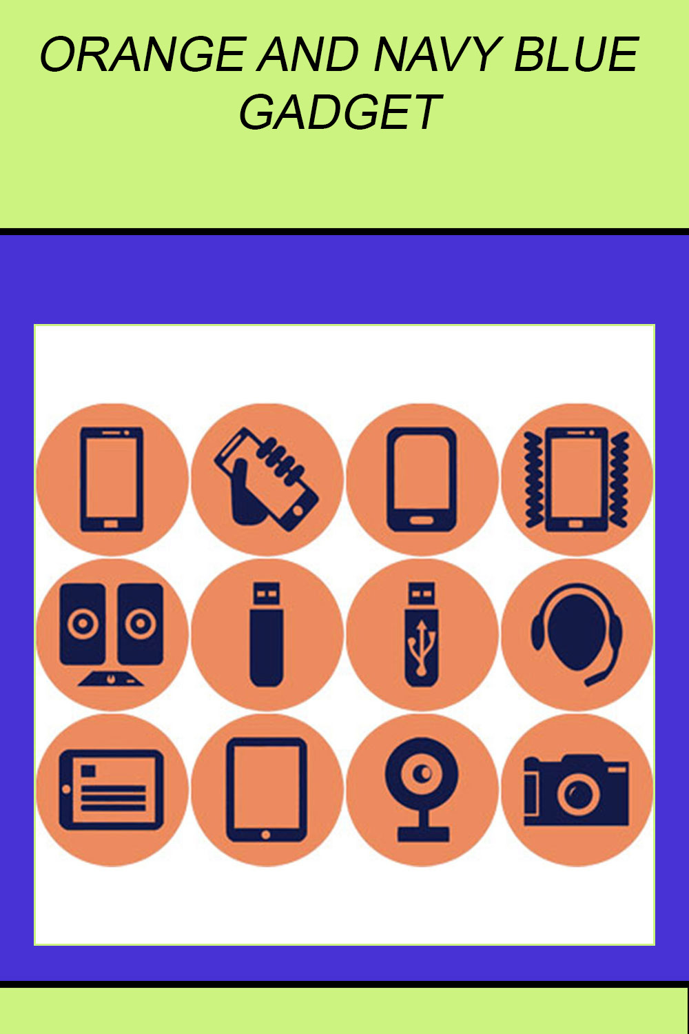 ORANGE AND NAVY BLUE GADGET ROUND ICONS pinterest preview image.