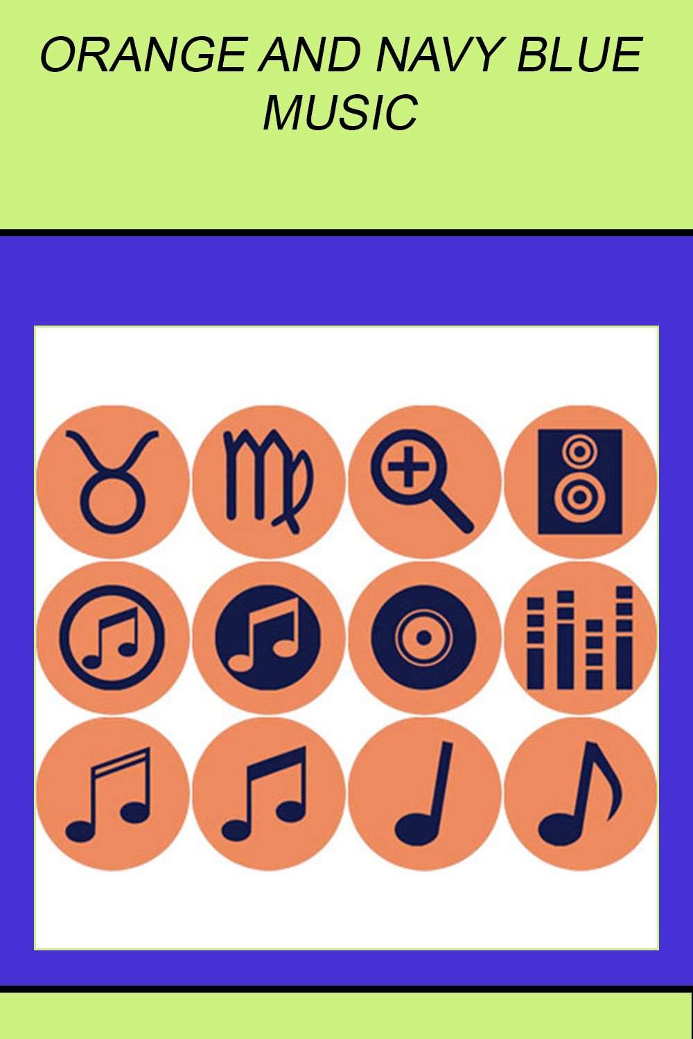 ORANGE AND NAVY BLUE MUSIC ROUND ICONS pinterest preview image.