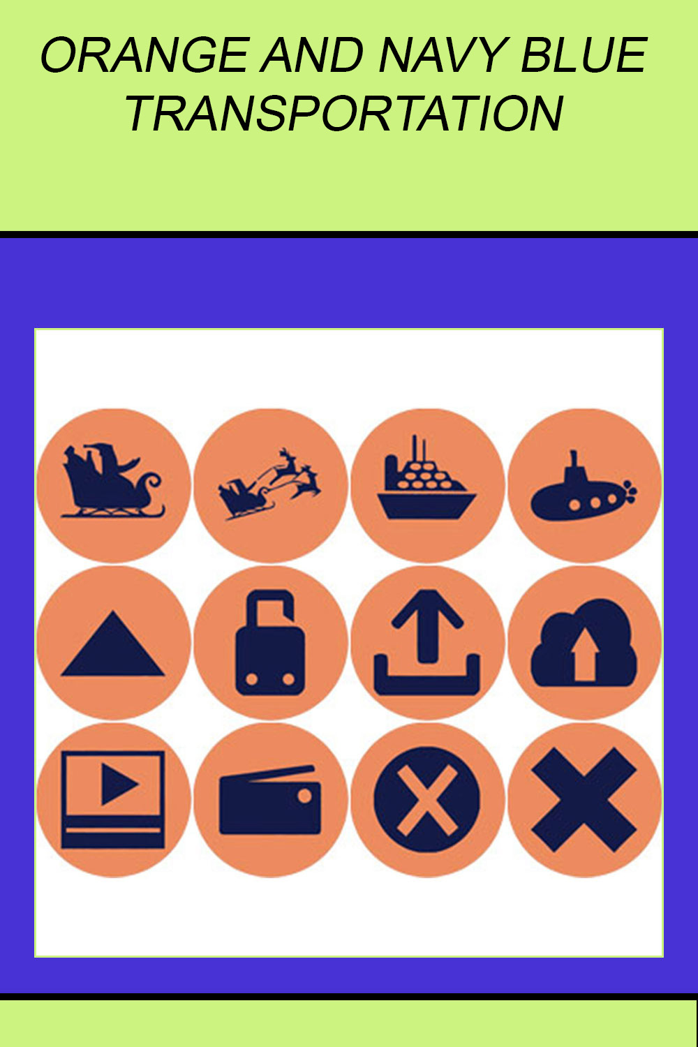 ORANGE AND NAVY BLUE TRANSPORTATION ROUND ICONS pinterest preview image.