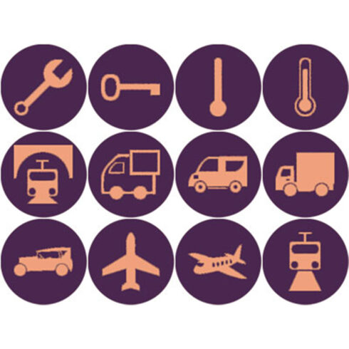 ORANGE AND PURPLE TRANSPORTATION ROUND ICONS cover image.