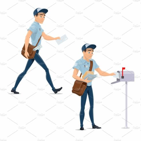 Post mail postman at delivery work vector icons cover image.