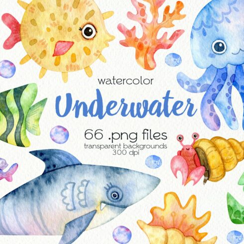 Watercolor Underwater Clipart cover image.