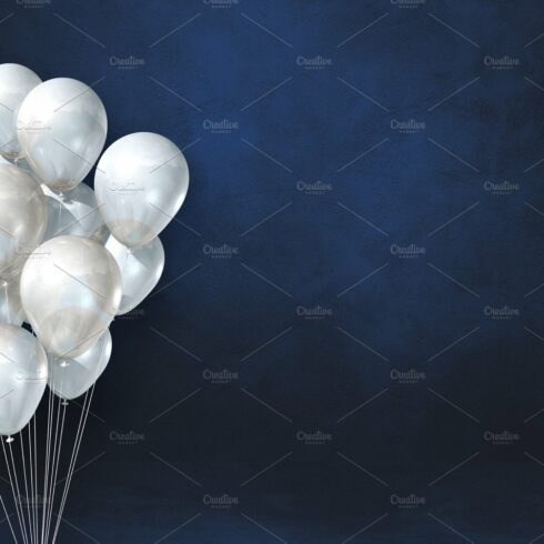 White balloons bunch on a black wall background. Horizontal bann cover image.