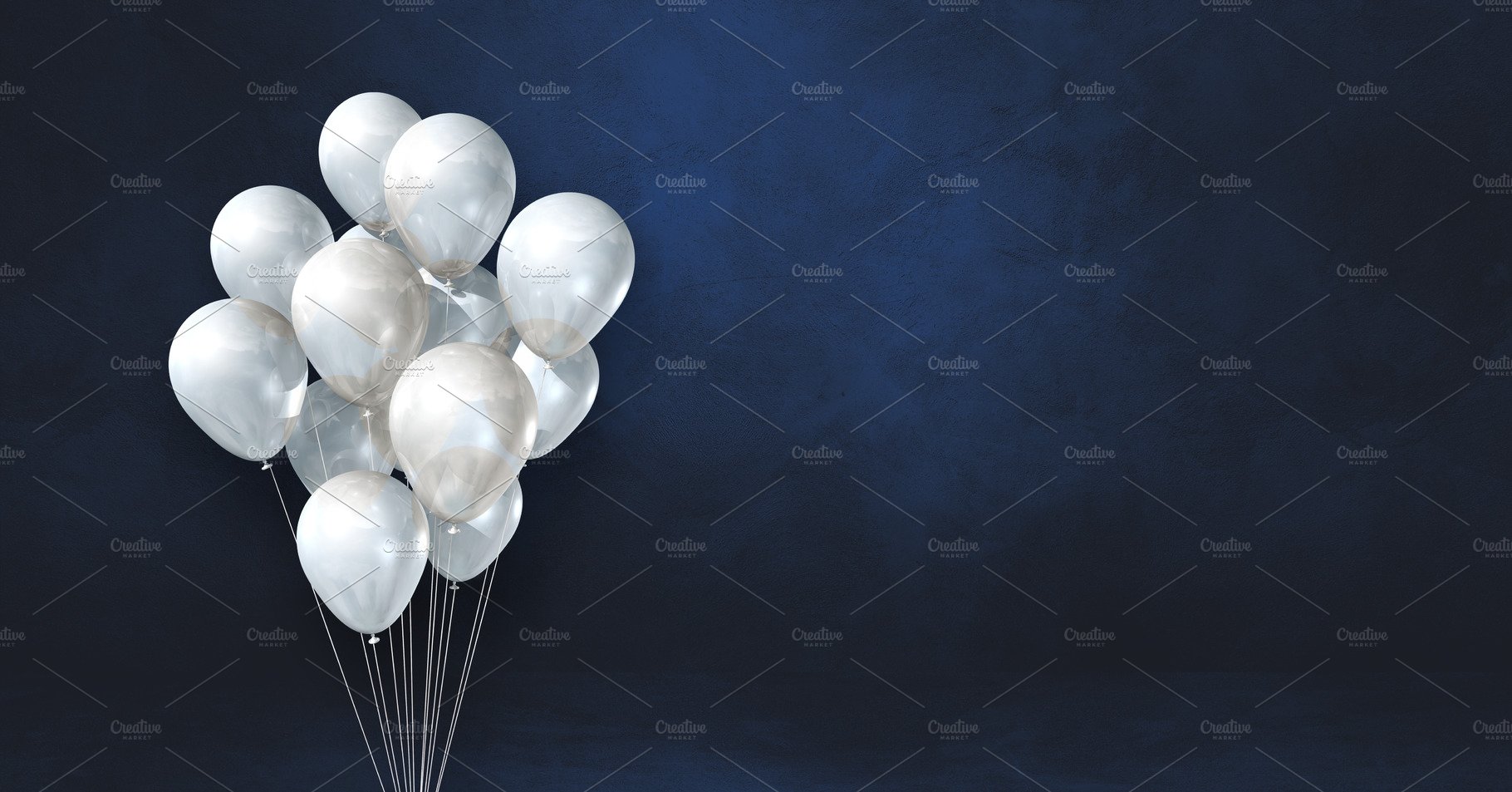 White balloons bunch on a black wall background. Horizontal bann cover image.