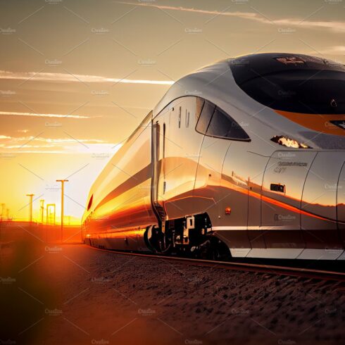 High speed train in motion at the railway station at sunset in Europe. Mode... cover image.