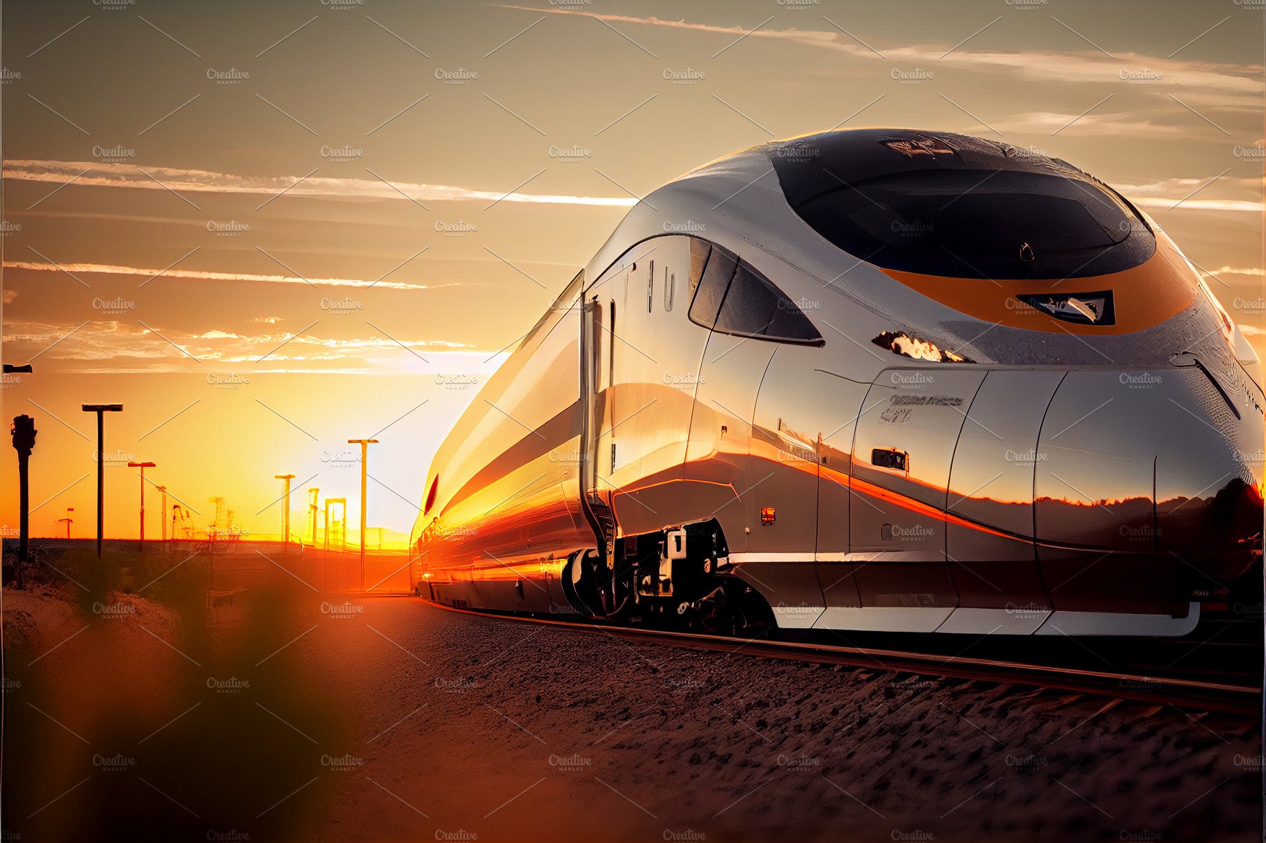 High speed train in motion at the railway station at sunset in Europe. Mode... cover image.